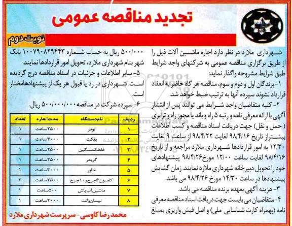 تجدید مناقصه اجاره ماشین آلات- نوبت دوم 
