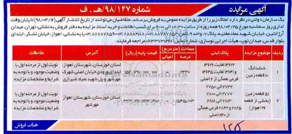 آگهی مزایده مزایده فروش املاک