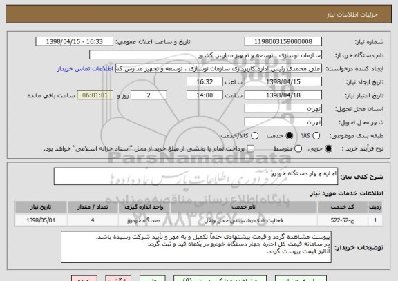 استعلام اجاره چهار دستگاه خودرو