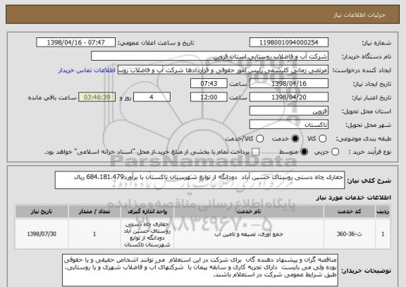 استعلام حفاری چاه دستی روستای حسین آباد  دودانگه از توابع شهرستان تاکستان با برآورد684،181،479 ریال 
