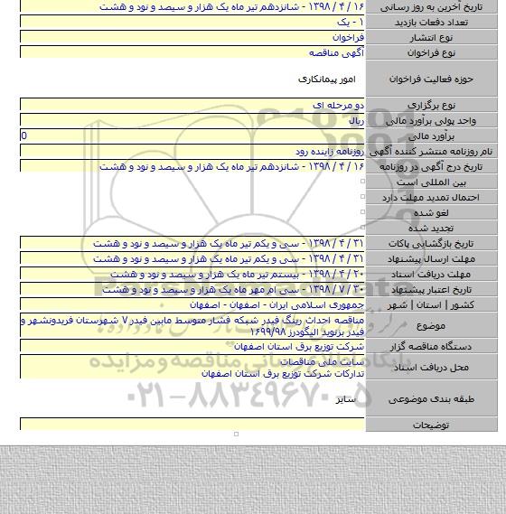 مناقصه احداث رینگ فیدر شبکه فشار متوسط مابین فیدر ۷ شهرستان فریدونشهر و فیدر بزنوید الیگودرز ۱۶۹۹/۹۸