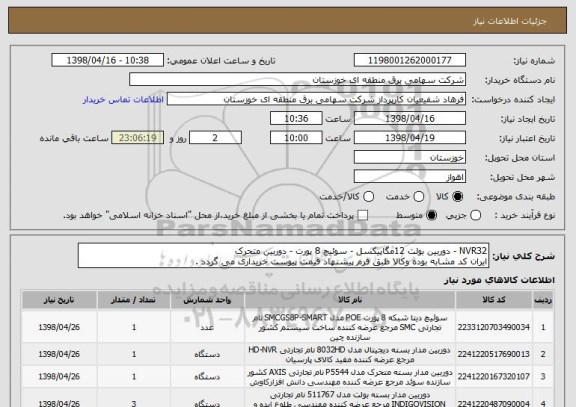 استعلام NVR32 - دوربین بولت 12مگاپیکسل - سوئیچ 8 پورت - دوربین متحرک
ایران کد مشابه بوده وکالا طبق فرم پیشنهاد قیمت پیوست خریداری می گردد .