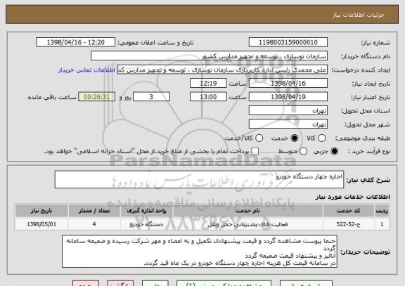 استعلام اجاره چهار دستگاه خودرو