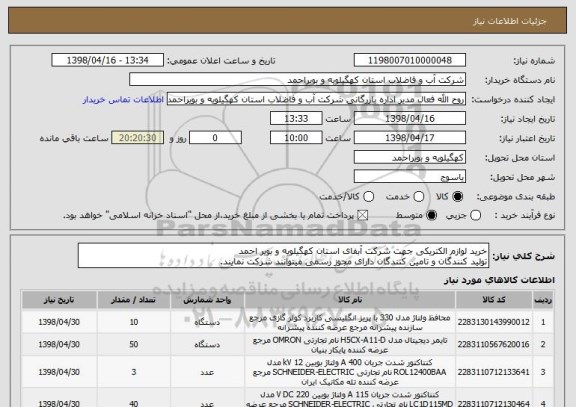 استعلام خرید لوازم الکتریکی جهت شرکت آبفای استان کهگیلویه و بویر احمد
تولید کنندگان و تامین کنندگان دارای مجوز رسمی میتوانند شرکت نمایند.