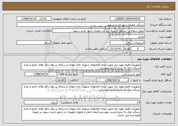 استعلام تجهیزات فلزی مورد نیاز جهت ایجاد المانهای شهری خان چوبان و سارای بر روی دکل های خارج از مدار شرکت برق به شرح لیست پیوستی