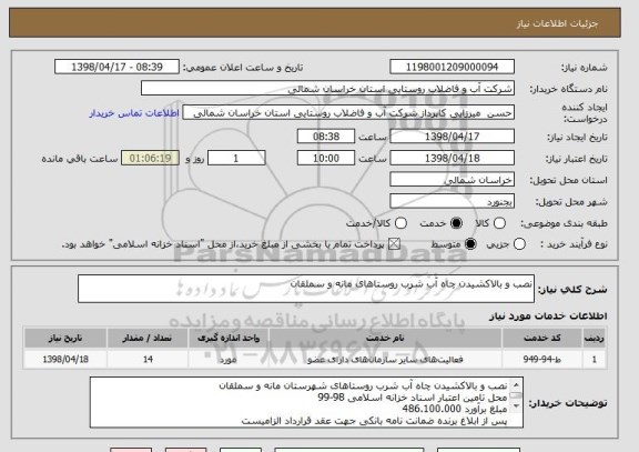 استعلام نصب و بالاکشیدن چاه آب شرب روستاهای مانه و سملقان 