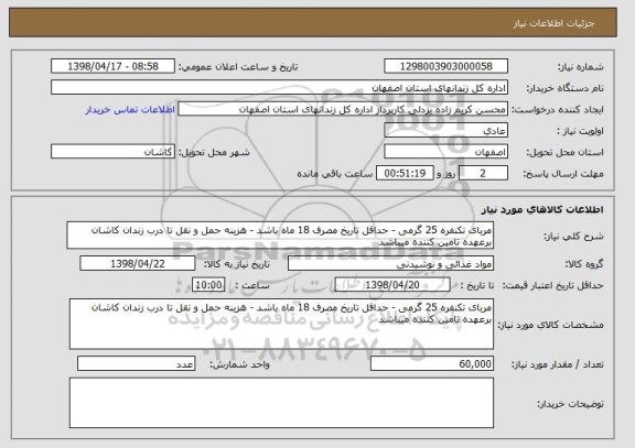 استعلام مربای تکنفره 25 گرمی - حداقل تاریخ مصرف 18 ماه باشد - هزینه حمل و نقل تا درب زندان کاشان برعهده تامین کننده میباشد
