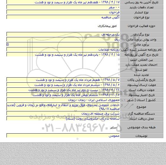 خدمات عمومی پستهای فوق توزیع و انتقال و انبارهای واقع در زنجان و قزوین (تجدید مناقصه ۹۸.۰۸)