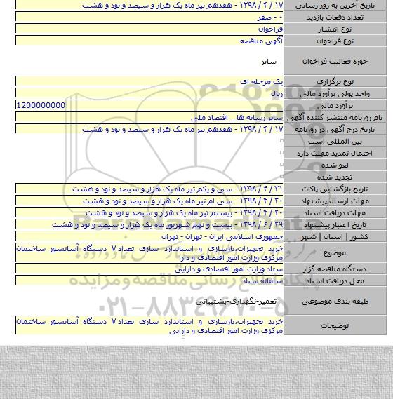 خرید تجهیزات٬بازسازی و استاندارد سازی تعداد ۷ دستگاه آسانسور ساختمان مرکزی وزارت امور اقتصادی و دارا