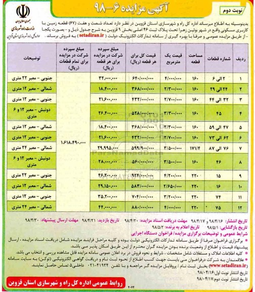 آگهی مزایده مزایده فروش 67 قطعه زمین کاربری مسکونی نوبت دوم