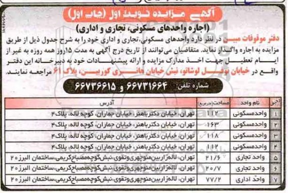مزایده، مزایده اجاره واحد مسکونی ، تجاری و اداری