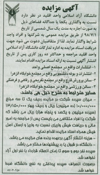 آگهی مزایده, مزایده واگذاری یکجا یا جداگانه فضاها شامل انتشارات و ...