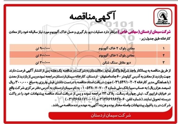 آگهی مناقصه,مناقصه عملیات دپو، بارگیری و حمل خاک آلوویوم