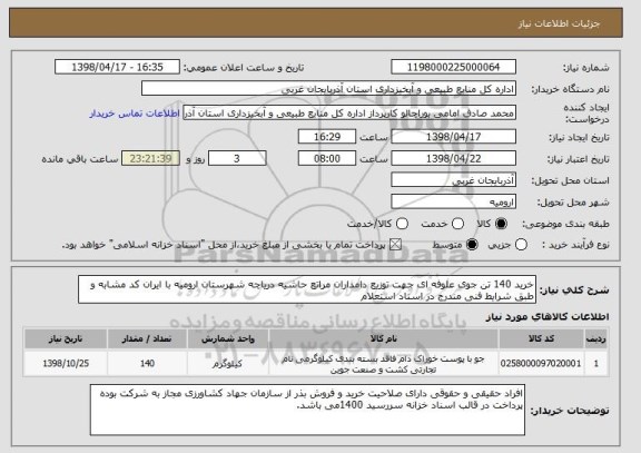 استعلام خرید 140 تن جوی علوفه ای جهت توزیع دامداران مراتع حاشیه دریاچه شهرستان ارومیه با ایران کد مشابه و طبق شرایط فنی مندرج در اسناد استعلام