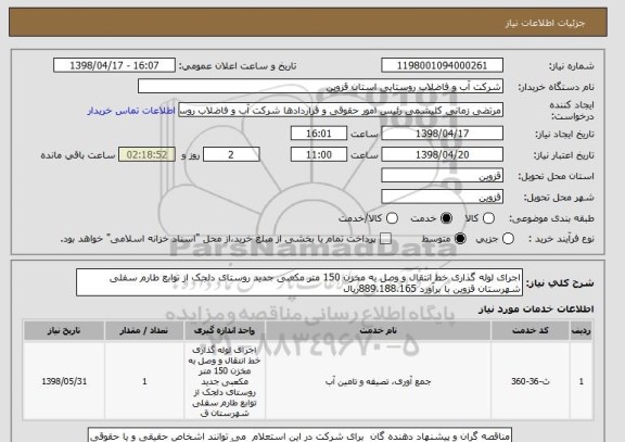 استعلام اجرای لوله گذاری خط انتقال و وصل به مخزن 150 متر مکعبی جدید روستای دلجک از توابع طارم سفلی شهرستان قزوین با برآورد 889،188،165ریال 