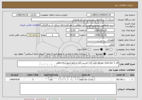 استعلام فاز 1 خط انتقال مجتمع علی آباد-حسین آباد شاملو شهرستان ملایر