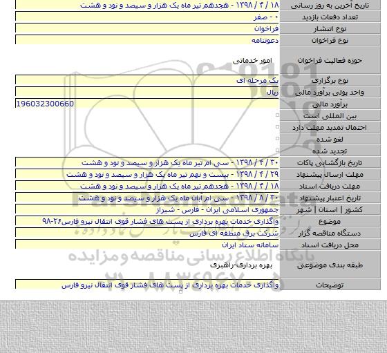 واگذاری خدمات بهره برداری از پست های  فشار قوی انتقال نیرو فارس۲۶-۹۸