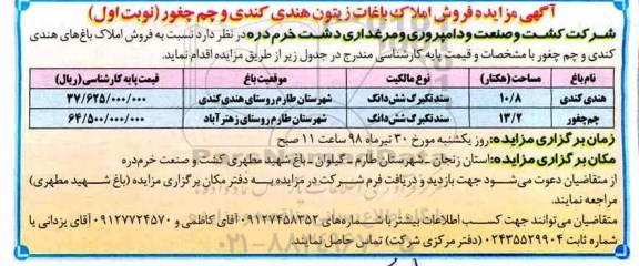 مزایده،  مزایده فروش املاک باغ های هندی نوبت اول 