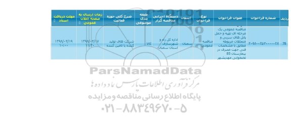 مناقصه  تهیه و حمل پانل های سربی و متعلقات مربوطه 