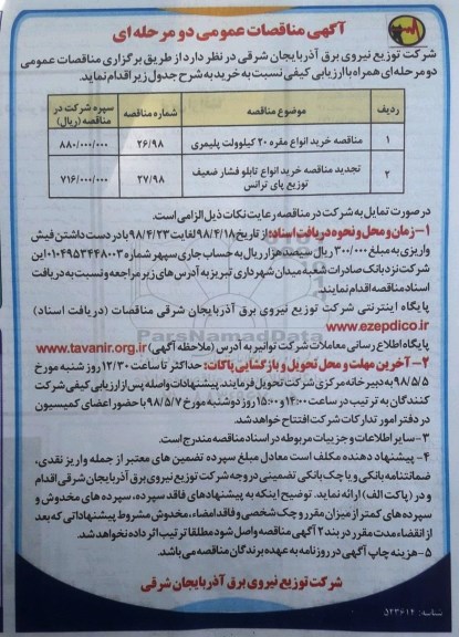 فراخوان مناقصه , مناقصه خرید انواع مقره 20 کیلوولت پلیمری... 