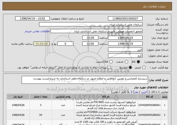 استعلام سیستم کنفرانس و دوربین حفاظتی و اعلان حریق در سازمان ملی استاندارد به شرح لیست پیوست