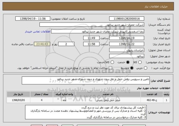 استعلام تامین و سرویس دهی حمل و نقل برون شهری و درون شهری شهر جدید بینالود