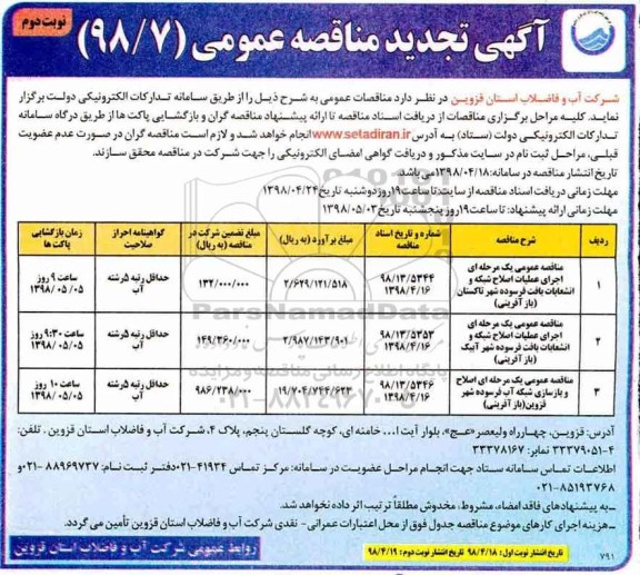 تجدید مناقصه اجرای عملیات اصلاح شبکه و انشعابات بافت فرسوده شهر - نوبت دوم