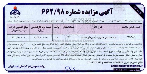 مزایده, مزایده مته مستعمل حفاری در سایزهای مختلف 