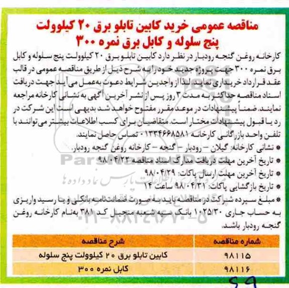 مناقصه خرید کابین تابلو برق 20 کیلوولت