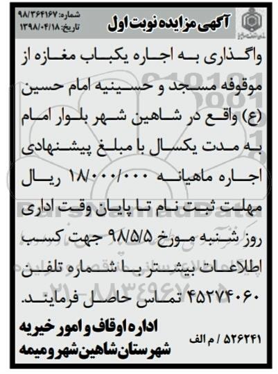 مزایده, مزایده واگذاری به اجاره یکباب مغازه