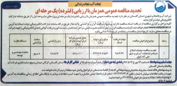 تجدید مناقصه عمومی , تجدید مناقصه عملیات اصلاح شبکه و انشعابات آب شرب شهر  - نوبت دوم 