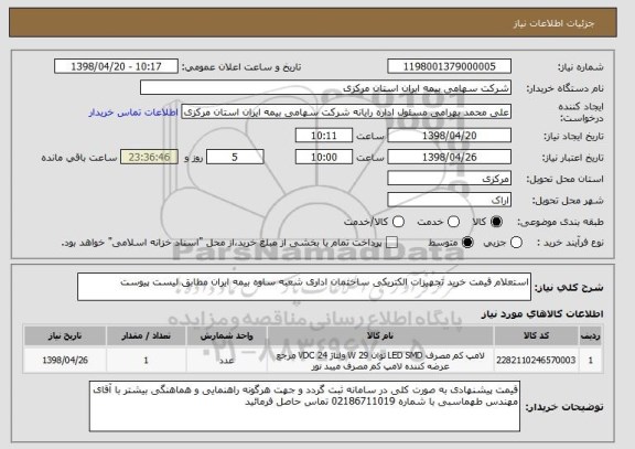استعلام استعلام قیمت خرید تجهیزات الکتریکی ساختمان اداری شعبه ساوه بیمه ایران مطابق لیست پیوست