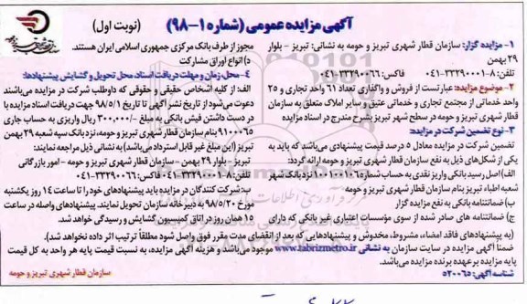 مزایده عمومی, مزایده فروش و واگذاری تعداد 61 واحد تجاری و 25 واحد خدماتی