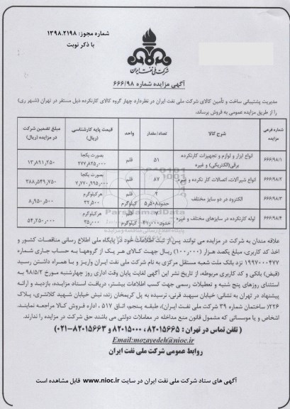 مزایده، مزایده انواع ابزار و لوازم و تجهیزات کار نکرده برقی الکتریکی و غیره و...