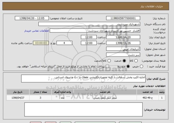 استعلام اجاره اکیپ پخش آسفالت با کلیه تجهیزات(فنیشر، غلطک و ...)  و نیروی انسانی.