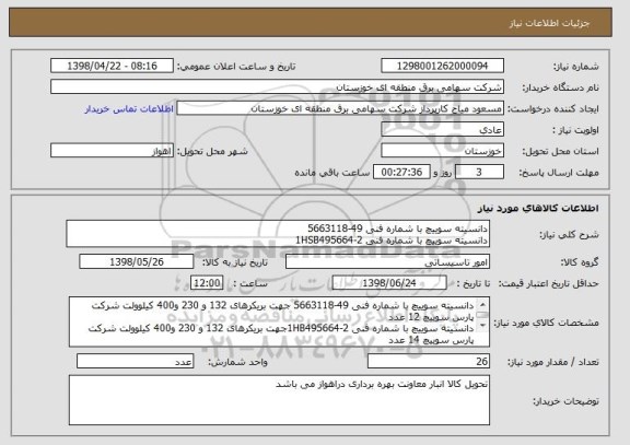 استعلام دانسیته سوییچ با شماره فنی 49-5663118 
دانسیته سوییچ با شماره فنی 2-1HSB495664  