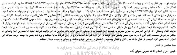 مزایده، مزایده فروش یک دستگاه  خودرو وانت وینگل دوکابین  مدل 1392  