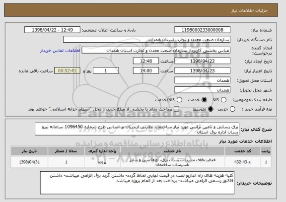 استعلام برق رسانی و تامین ترانس مورد نیاز ساختمان نظارتی ازندریان بر اساس طرح شماره 1096450 سامانه نیرو رسان اداره برق استان