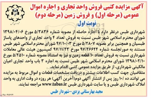 مزایده ، مزایده فروش واحد تجاری از واحدهای پاساژ نوبت اول مرحله دوم 
