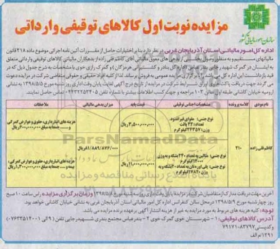 آگهی مزایده, مزایده کالاهای توقیفی وارداتی...