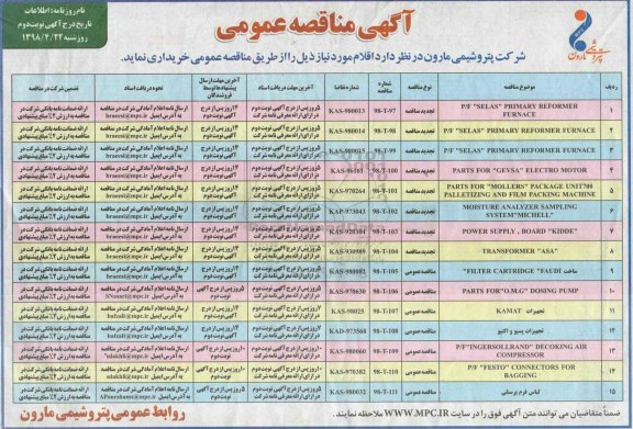 مناقصه P/F SELAS PRIMARY REFORMER FURNACE- نوبت دوم