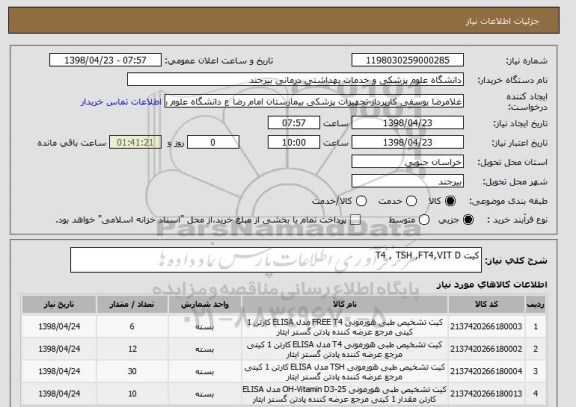 استعلام کیت T4 , TSH ,FT4,VIT D