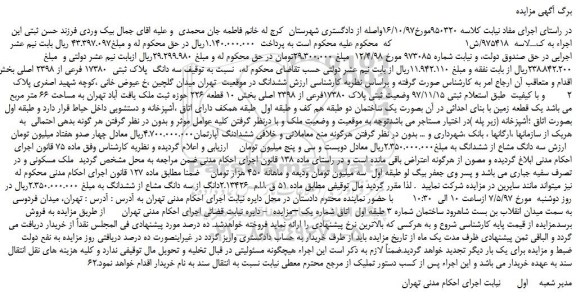 مزایده، مزایده فروش سه دانگ پلاک ثبتی 17380 فرعی از 2398 اصلی