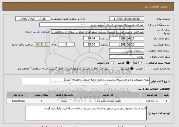 استعلام تهیه تجهیزات و اجرای شبکه روشنایی ورودی ناحیه صنعتی راهدانه (نقده)