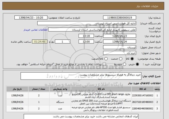 استعلام خرید دیتالاگر به همراه سنسورها برابر مشخصات پیوست