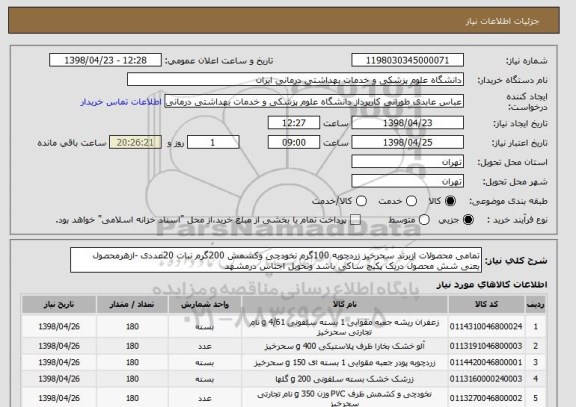 استعلام تمامی محصولات ازبرند سحرخیز زردچوبه 100گرم نخودچی وکشمش 200گرم نبات 20عددی -ازهرمحصول یعنی شش محصول دریک پکیچ ساکی باشد وتحویل اجناس درمشهد 