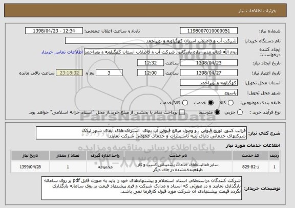 استعلام قرائت کنتور، توزیع قبوض ، و وصول مبالغ قبوض آب بهای  اشتراک های آبفای شهر لیکک 
شرکتهای خدماتی دارای رتبه تاسیسات و خدمات عمومی شرکت نمایند.