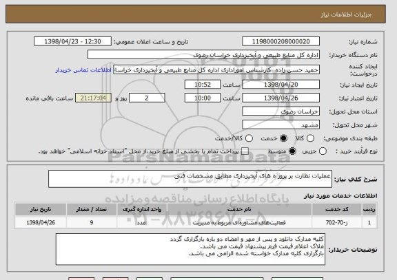 استعلام عملیات نظارت بر پروژ ه های آبخیزداری مطابق مشخصات فنی 