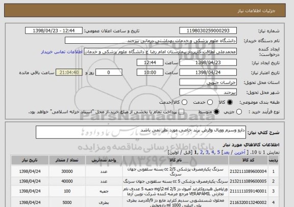 استعلام دارو وسرم وویال وقرص برند خاصی مورد نظر نمی باشد