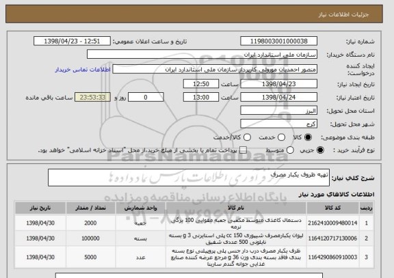 استعلام تهیه ظروف یکبار مصرف